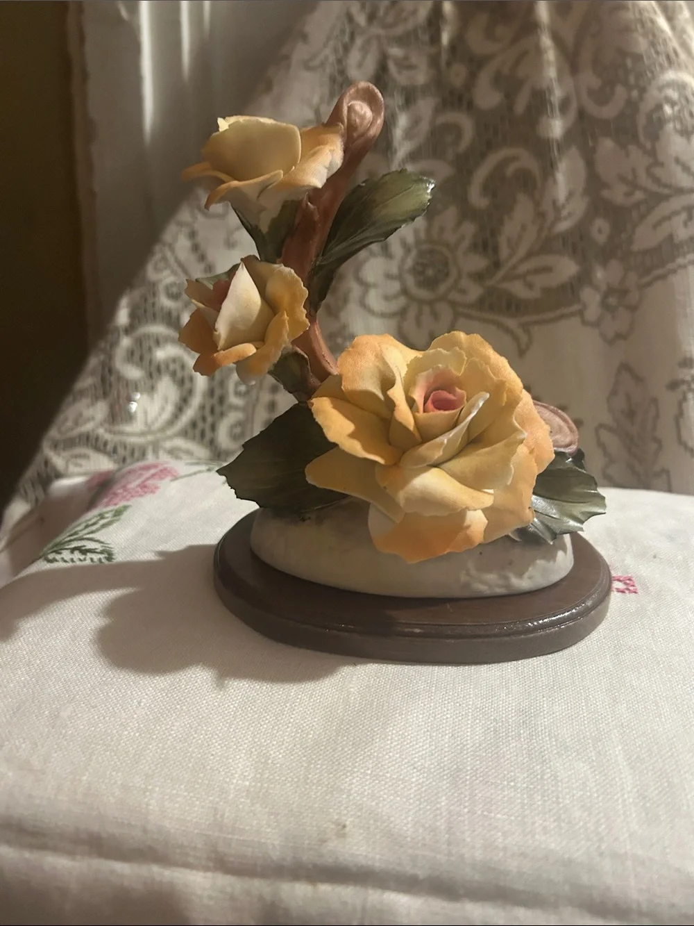 Yellow Floral Ceramic Sculpture on Wood Base